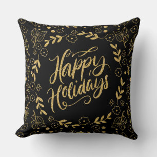 Happy Holiday Modern Typografie Gold Leafs Lijst Kussen