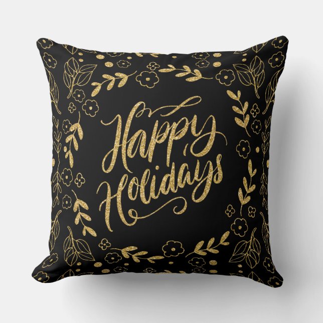 Happy Holiday Modern Typografie Gold Leafs Lijst Kussen (Voorkant)
