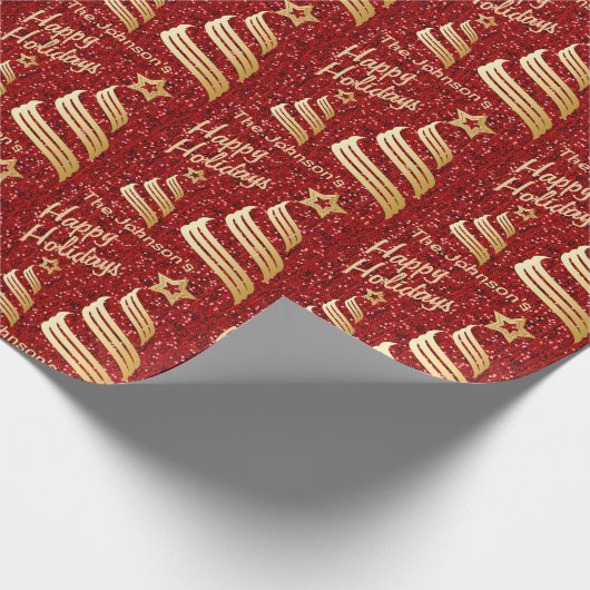 Happy Holiday Red Confetti en Gold | Kerstmis Cadeaupapier (Hoek)