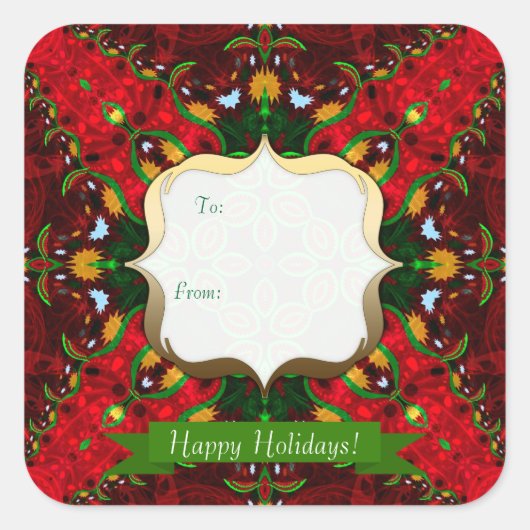 Happy Holiday Red+Green Gift Label Square Sticker (Voorkant)