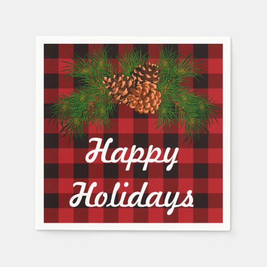 Happy Holiday, rode tartan, pijnboomkegel detail Servetten (Voorkant)
