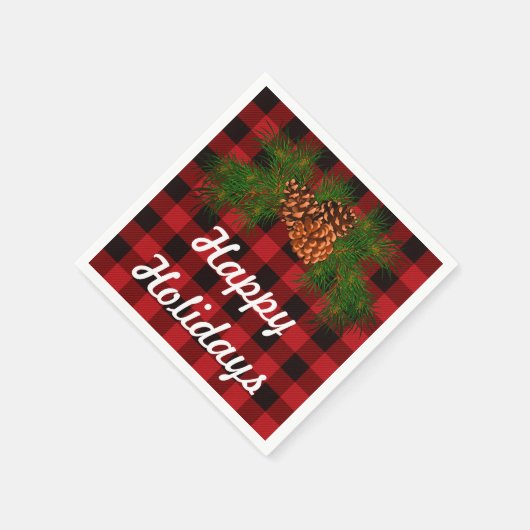 Happy Holiday, rode tartan, pijnboomkegel detail Servetten (Hoek)
