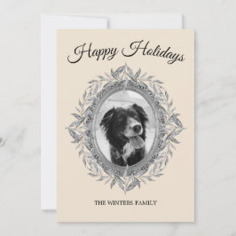 Happy Holiday Silver Grey Leaves Wreatfoto Feestdagenkaart