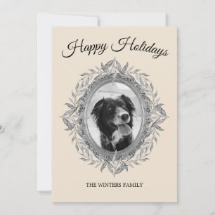 Happy Holiday Silver Grey Leaves Wreatfoto Feestdagenkaart