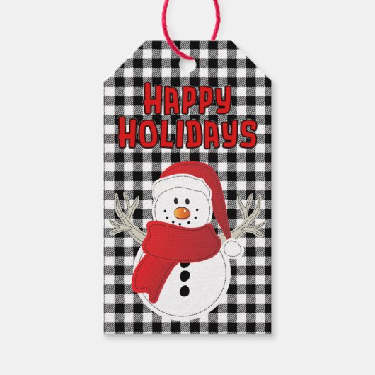 Happy Holiday Snowman Black White Buffalo Plaid Cadeaulabel (Voorkant)