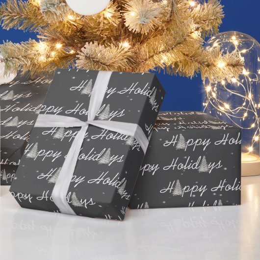 Happy Holiday Trees op grijs Cadeaupapier (Feestdagen)