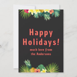 Happy Holiday, Tropical flowers on black Feestdagenkaart