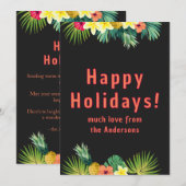 Happy Holiday, Tropical flowers on black Feestdagenkaart (Voorkant / Achterkant)