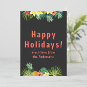 Happy Holiday, Tropical flowers on black Feestdagenkaart (Staand voorkant)