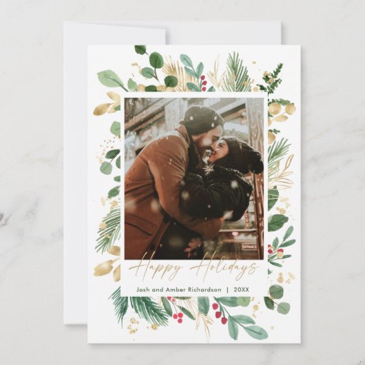 Happy Holiday waterverf greenery Gold red holly (Voorkant)