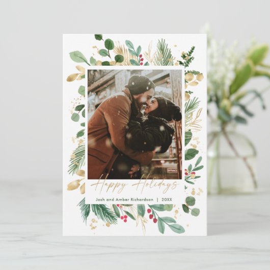 Happy Holiday waterverf greenery Gold red holly (Staand voorkant)