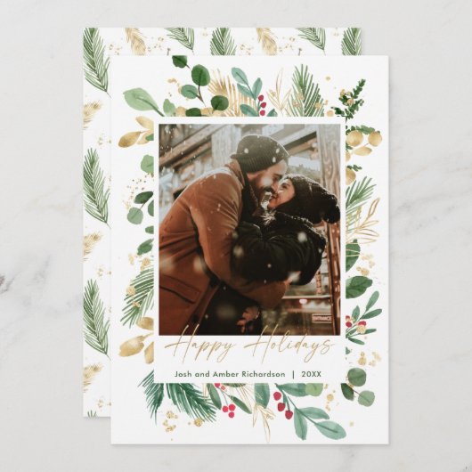 Happy Holiday waterverf greenery Gold red holly (Voorkant / Achterkant)