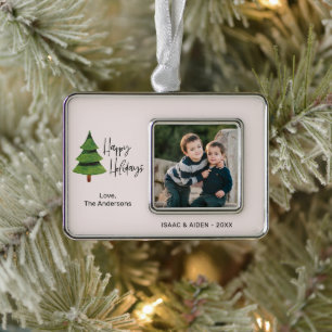 Happy Holiday Waterverf Kerstboom Foto Verzilverd Omlijst Ornament