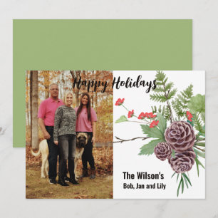 Happy Holiday Winter Floral Rustic Fotokaart Feestdagenkaart