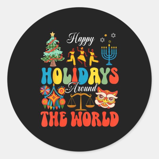 Happy Holidays Around World Christmas Hanukkah Diw Ronde Sticker (Voorkant)