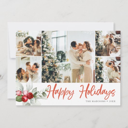 Happy Holidays Berry Brush Script 7 Photo Feestdagenkaart (Voorkant)