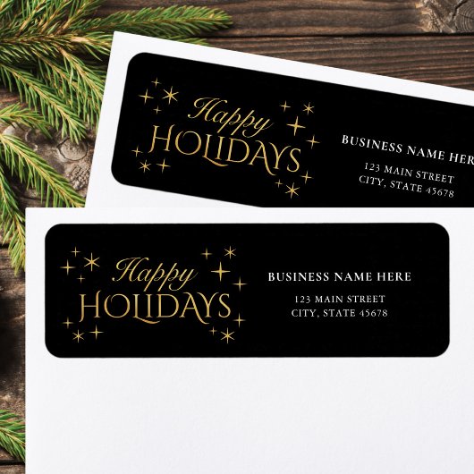 Happy Holidays Black Gold Business Return Address Etiket