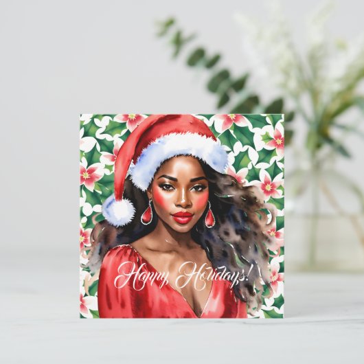 Happy Holidays Black Woman Santa Hat Feestdagenkaart (Staand voorkant)