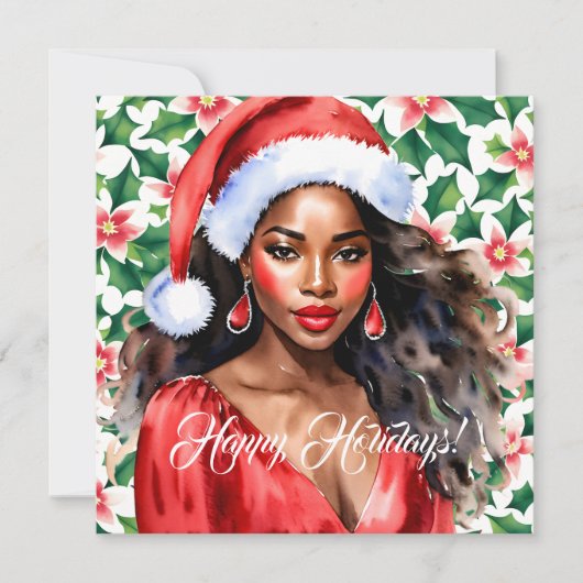 Happy Holidays Black Woman Santa Hat Feestdagenkaart (Voorkant)