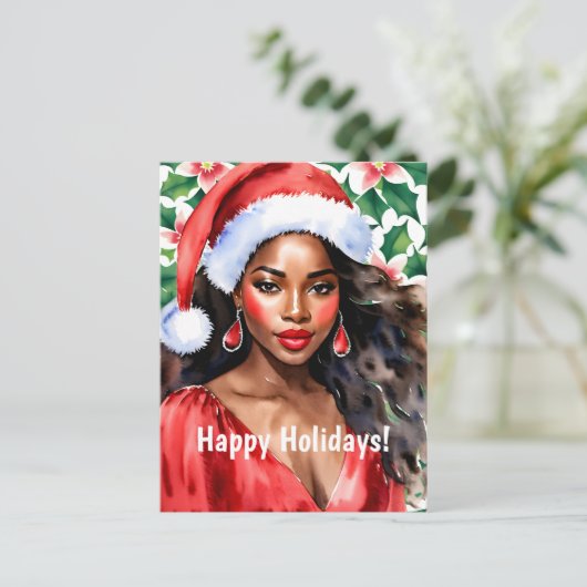 Happy Holidays Black Woman Santa Hat Feestdagenkaart (Staand voorkant)