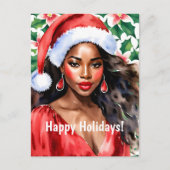 Happy Holidays Black Woman Santa Hat Feestdagenkaart (Voorkant)