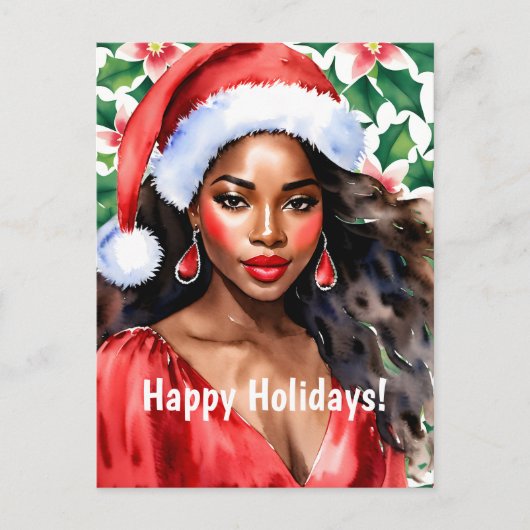 Happy Holidays Black Woman Santa Hat Feestdagenkaart (Voorkant)