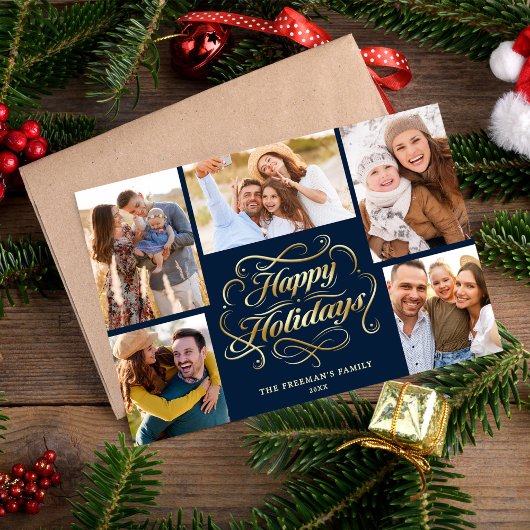 Happy Holidays Blue & Gold 5 Photo Collage Card Feestdagenkaart