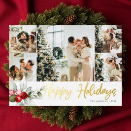 Happy Holidays Brush Script Berry 7 Photo Collage Folie Feestdagenkaart