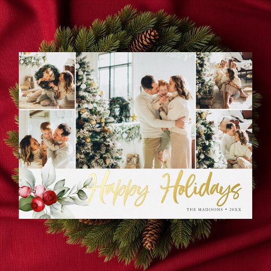 Happy Holidays Brush Script Berry 7 Photo Collage Folie Feestdagenkaart