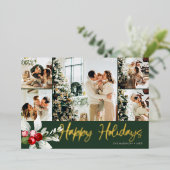 Happy Holidays Brush Script Berry 7 Photo Collage Folie Feestdagenkaart (Staand Voorkant)