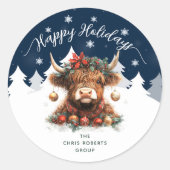 Happy Holidays Business Festive Highland Cow Ronde Sticker (Voorkant)