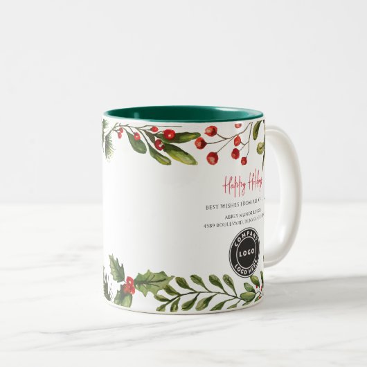 Happy Holidays Business Logo Employees Christmas Tweekleurige Koffiemok (Voorkant rechts)