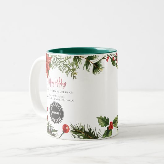 Happy Holidays Business Logo Employees Christmas Tweekleurige Koffiemok (Voorkant links)