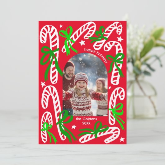 Happy Holidays Candycanes CUSTOM PHOTO Christmas Feestdagenkaart (Staand voorkant)