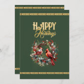 Happy Holidays: Cardinal Wreath with Elegant Gold  Feestdagenkaart (Voorkant / Achterkant)