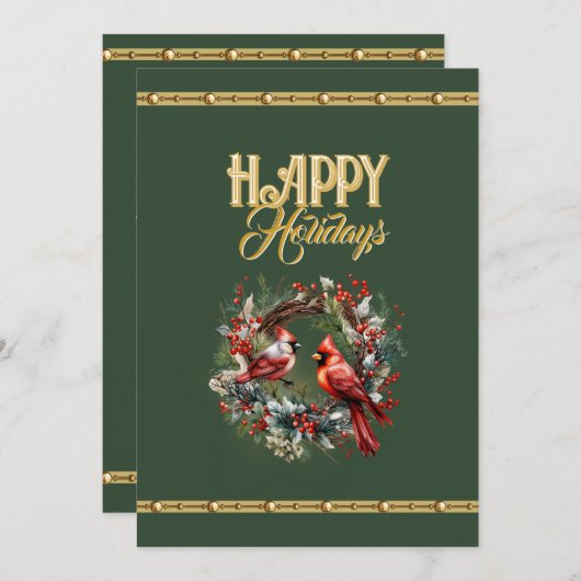 Happy Holidays: Cardinal Wreath with Elegant Gold  Feestdagenkaart (Voorkant / Achterkant)