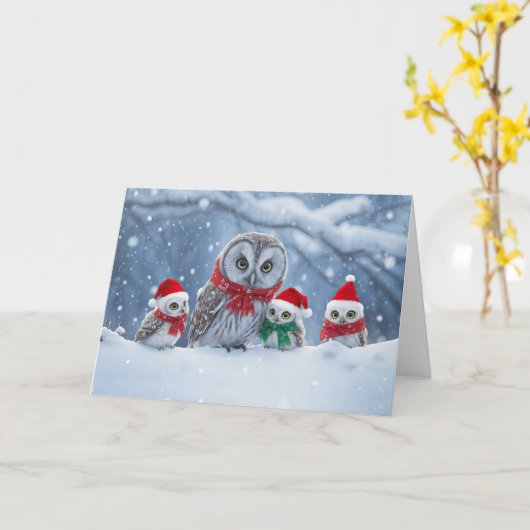 Happy Holidays Christmas with Cute Owl Family Hats Kaart (Gele Bloem)