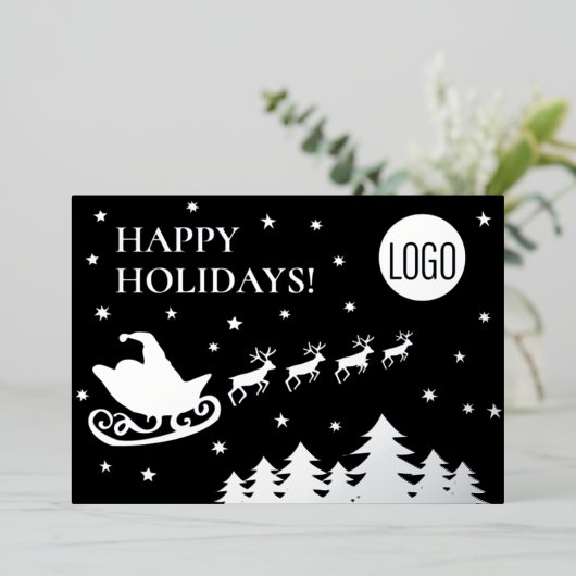 Happy Holidays Company Logo Santa sleigh  Folie Feestdagenkaart (Staand Voorkant)