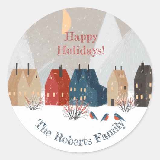 Happy Holidays Country Village Winter Scene   Ronde Sticker (Voorkant)