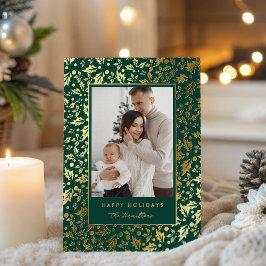Happy Holidays Elegant Holly Berry Green Folie Feestdagenkaart