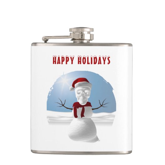 Happy Holidays. Funny skull-head snowman Heupfles (Voorkant)