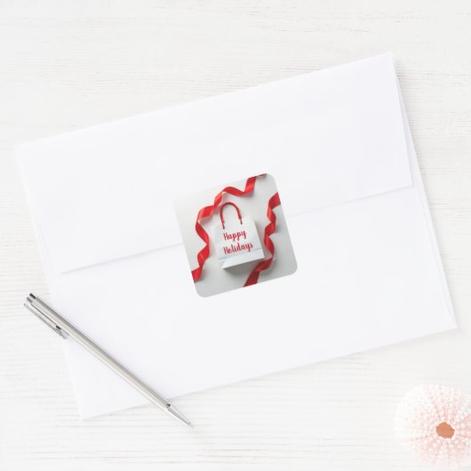 Happy Holidays Gift Bag With Red Ribbons Vierkante Sticker (Envelop)