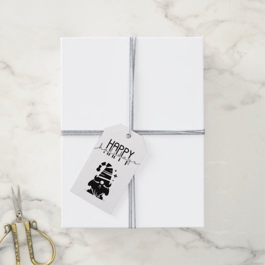 Happy Holidays Gnome Chic Grunge Black & White Cadeaulabel (Met Touw)