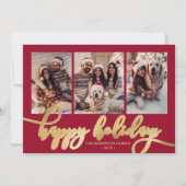 Happy Holidays Gold Script 3 Photo Collage Red Feestdagenkaart (Voorkant)