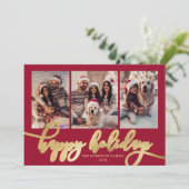 Happy Holidays Gold Script 3 Photo Collage Red Feestdagenkaart (Staand voorkant)