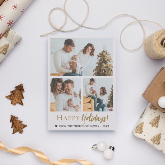 Happy Holidays Gold Script 3 photos Christmas Feestdagenkaart