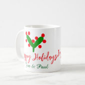 Happy holidays green red couple name green leaf koffiemok (Voorkant links)