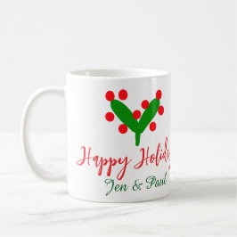 Happy holidays green red couple name green leaf koffiemok