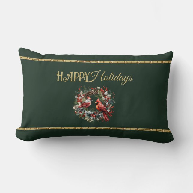 Happy Holidays Lumbar Pillow with Cardinal Wreath Kussen (Voorkant)
