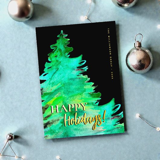 Happy Holidays Minimal Pine watercolor Business Folie Feestdagenkaart